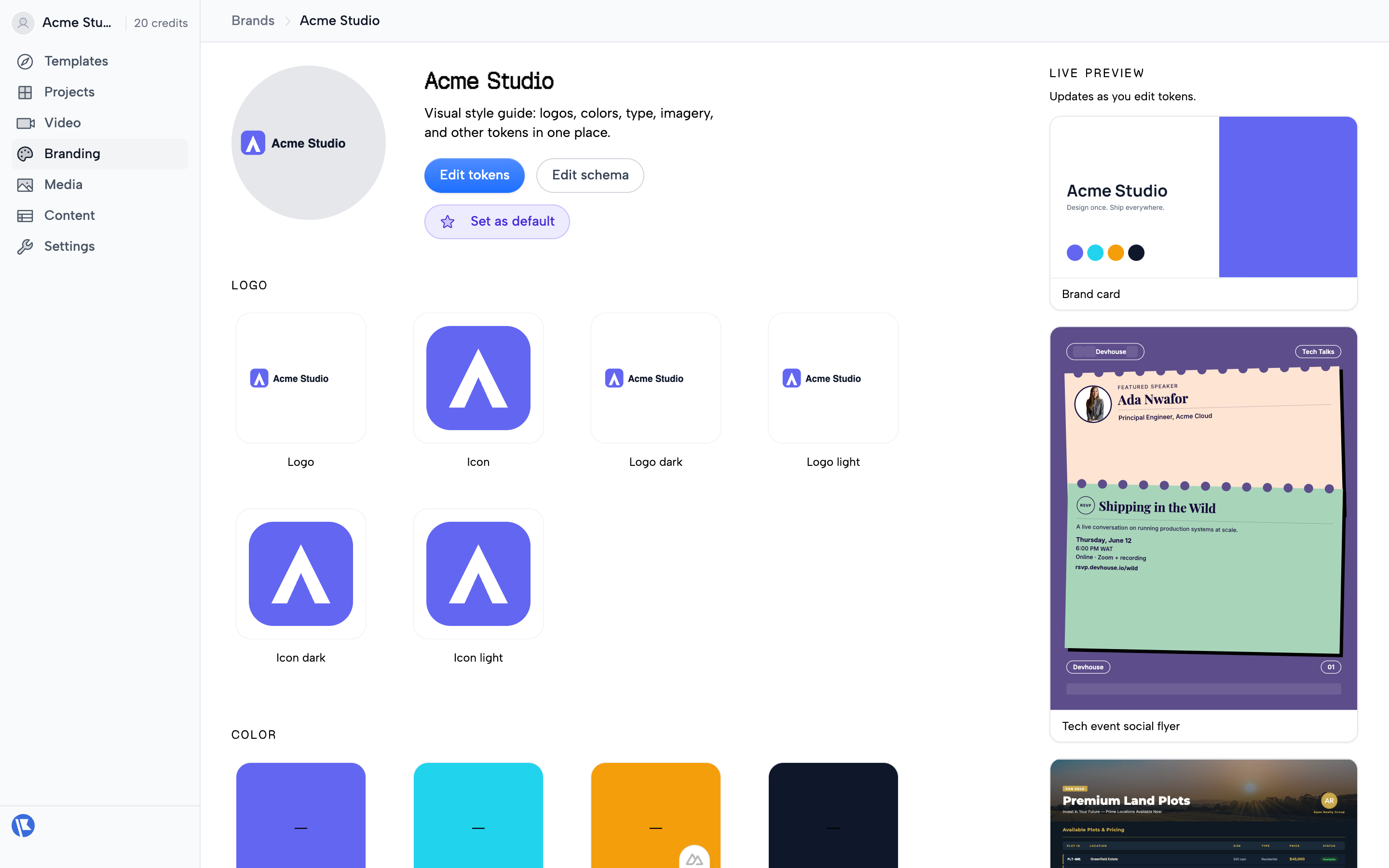 A brand's token book: logo variants, color tokens, and live previews of templates rendered with the brand