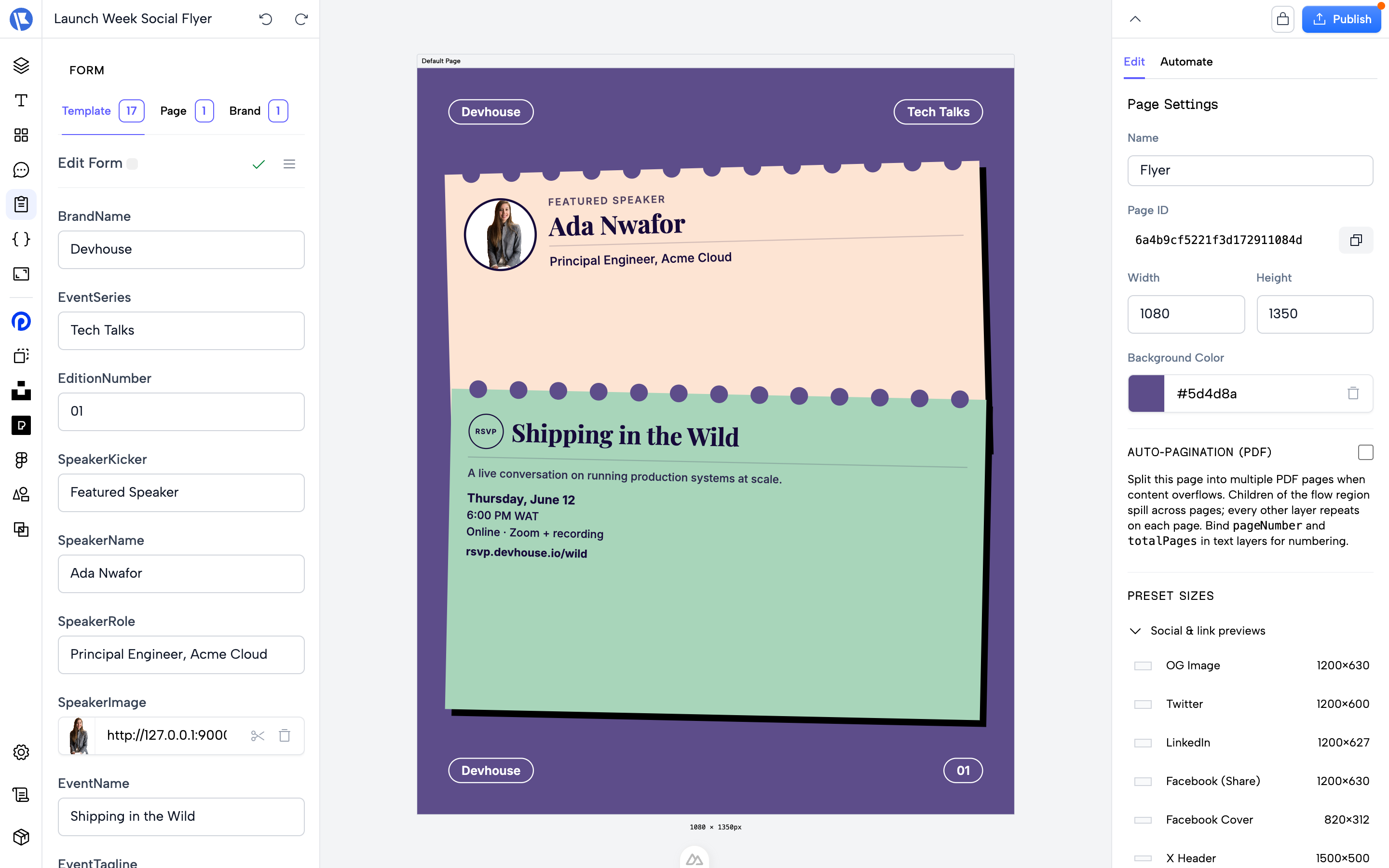 The editor's form panel: template variables (brand name, speaker, event details) edited beside the live canvas