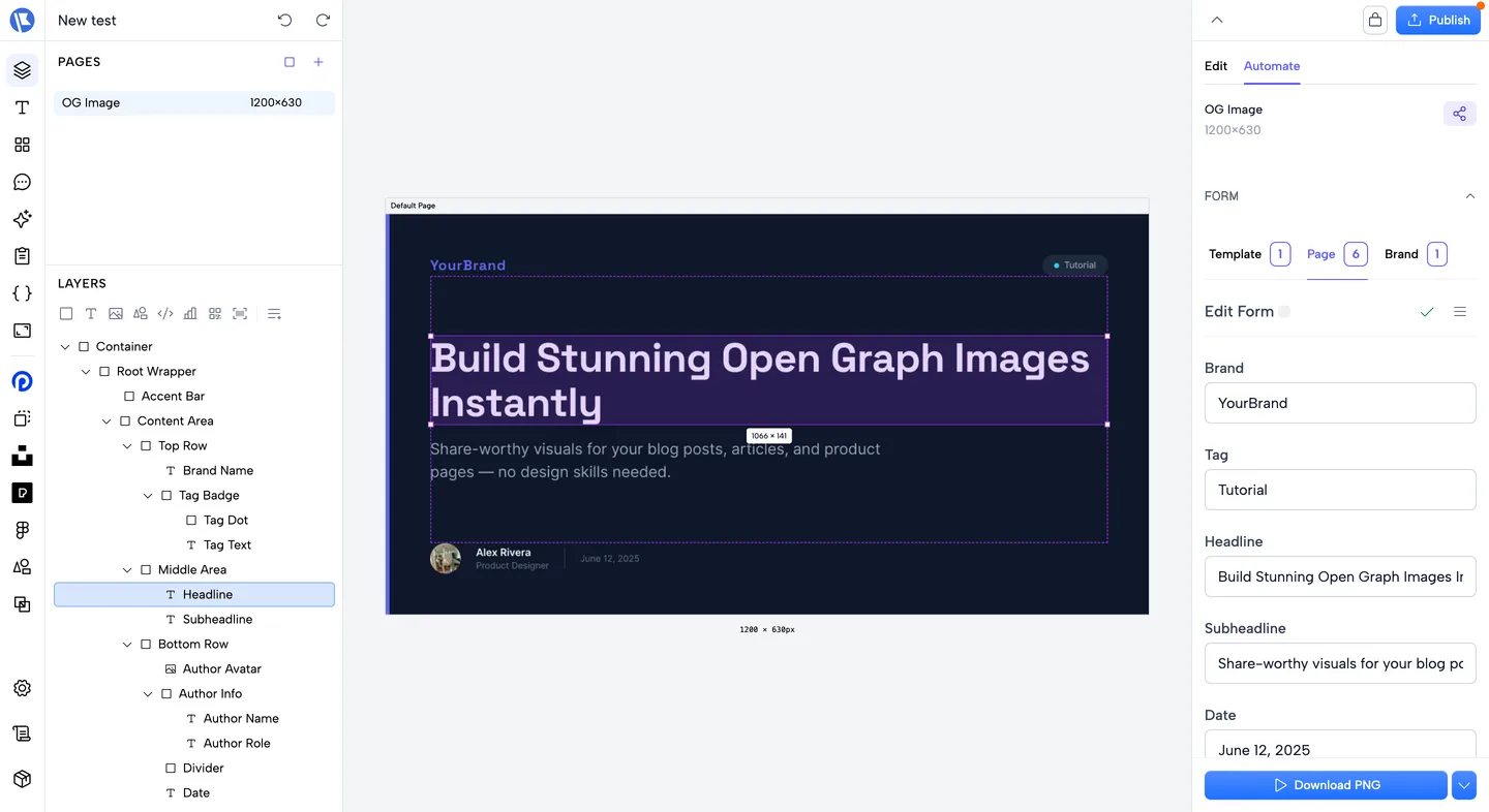 The Automate panel: template variables rendered as a fill-in form with a Download PNG button
