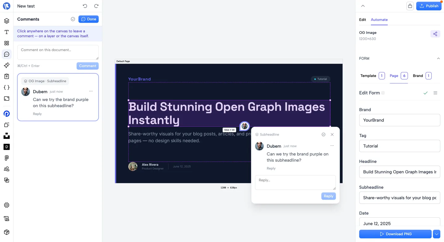 Canvas comments: a pinned comment thread attached to the subheadline layer, with the comments panel listing open threads