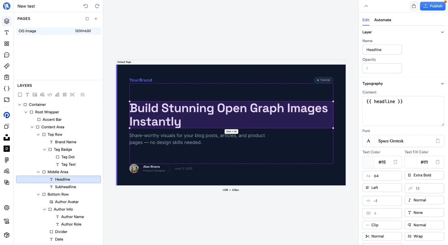 The Bannx design editor: layer tree on the left, an OG image template on the canvas, and typography controls with a headline variable on the right