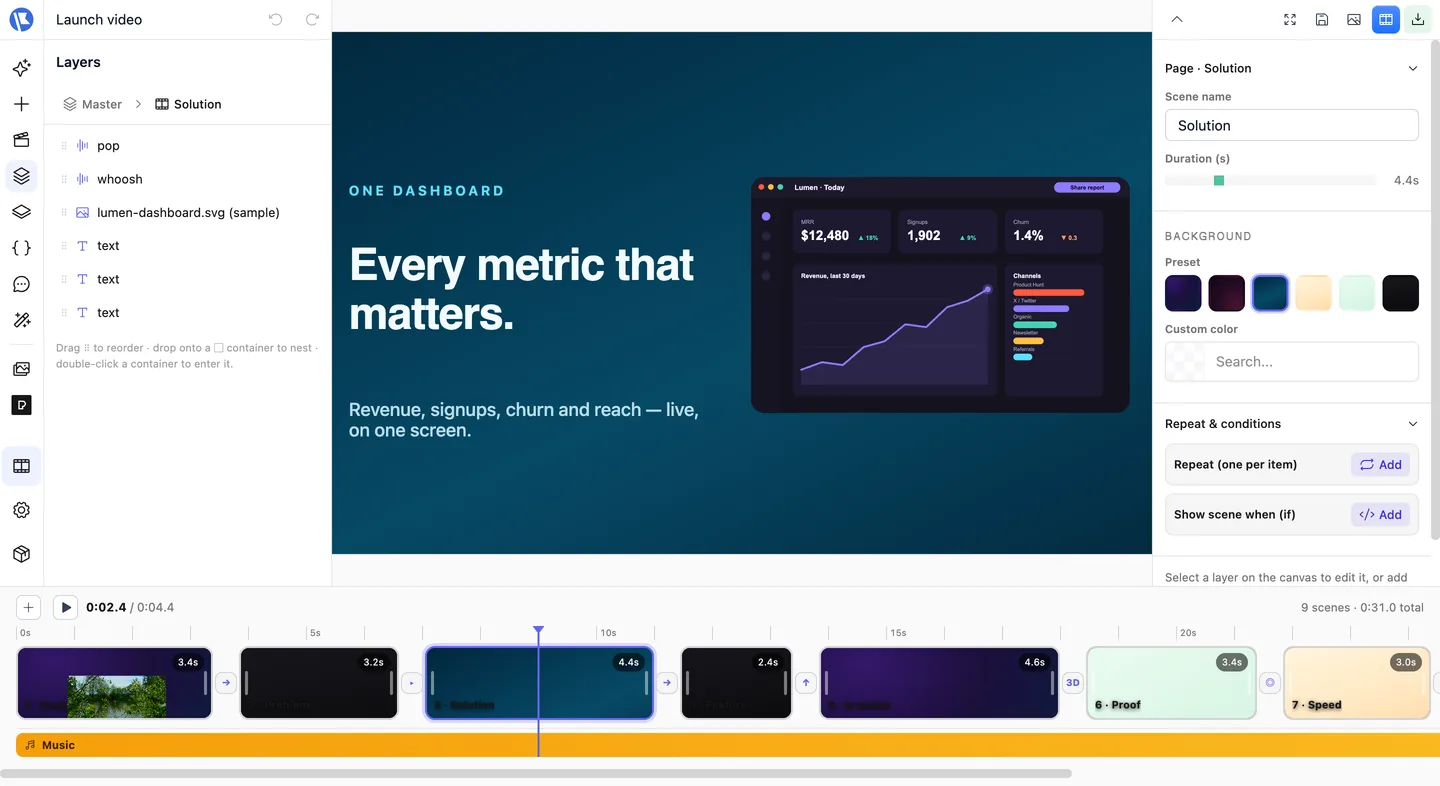 The Bannx video editor: a launch video scene on the canvas and a nine-scene timeline with a music track below